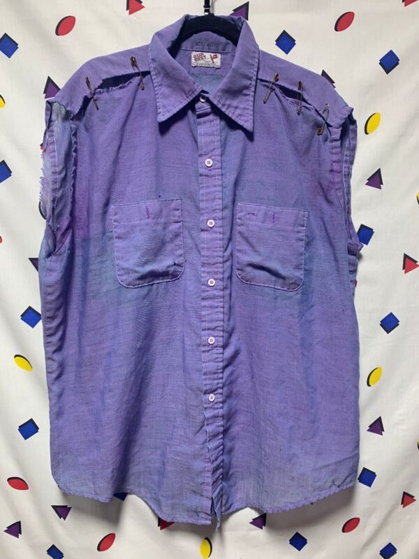 product details: RETRO THIN & TATTERED CUT SLEEVELESS BUTTON DOWN OVER-DYED CHAMBRAY SHIRT AS IS photo