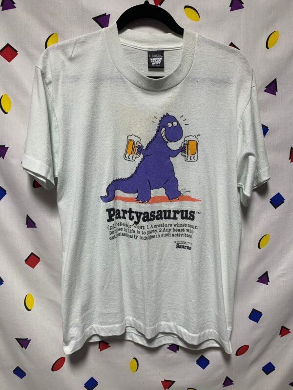 product details: 1980S PARTYASAURUS DRINKING DINOSAUR T-SHIRT AS-IS photo