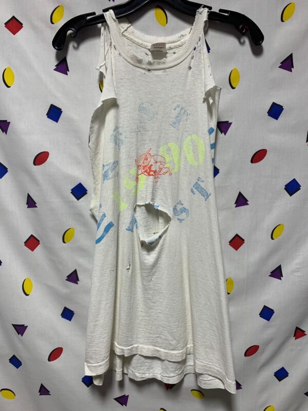 product details: FULLY THRASHED & DISTRESSED CUTOUT NEON GRAPHIC NEST FEST 1990 COLLEGE T-SHIRT TANK photo