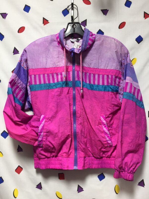 product details: CUTE VINTAGE BRIGHT NEON COLOR BLOCK GEOMETRIC & POLKA DOT PRINT ZIP UP JACKET WITH COTTON LINING photo