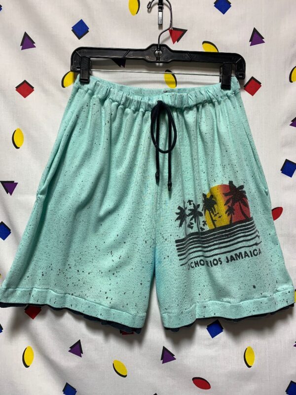 product details: 1980S COTTON PRINTED SWEAT SHORTS W/ OCHO RIOS JAMAICA AND SUNSET PRINT CINCH WAIST photo