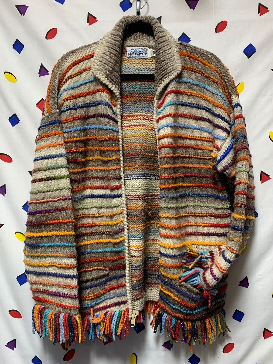 Rare & Crazy Chunky Knit Zipup Sweater Multicolored Rainbow 