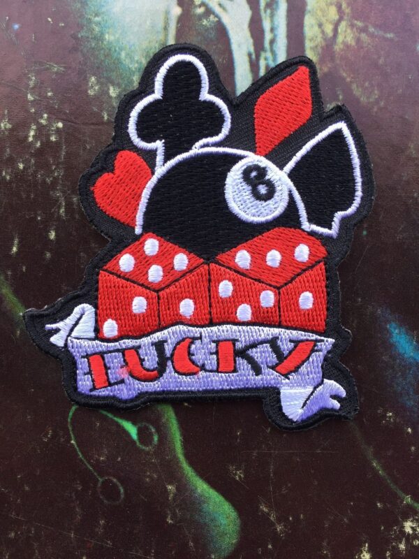 product details: LUCKY RED DICE 8 BALL HEARTS DIAMONDS SPADES CLUBS  EMBROIDERED PATCH photo