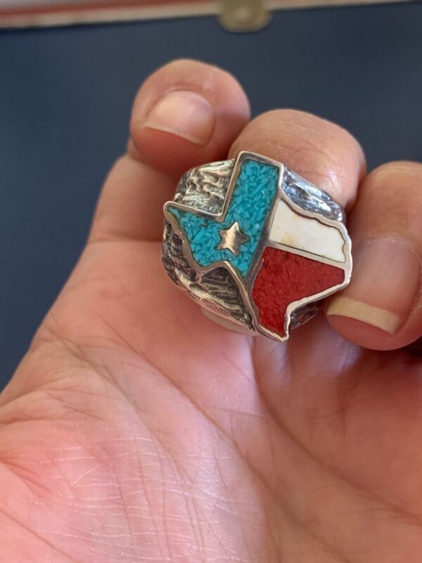 product details: TEXAS OUTLINE LONE STAR STATE TURQUOISE CORAL INLAY SILVER PLATED BRONZE BIKER RING photo