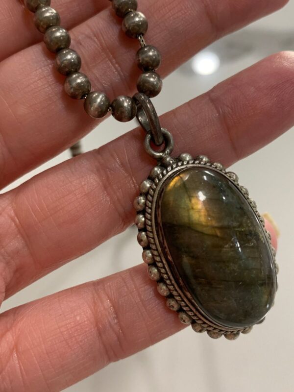 product details: LABRADORITE STONE PENDANT ON STERLING SILVER BEADED NECKLACE CHAIN photo