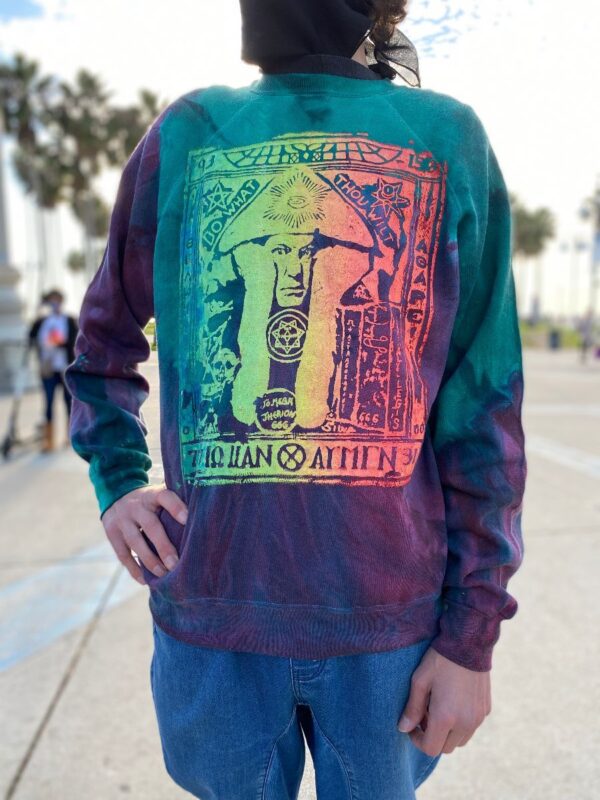 product details: UNREAL TIE DYE ALEISTER CROWLEY PULLOVER SWEATSHIRT *HAND SCREEN PRINTED *LOCAL ARTIST photo
