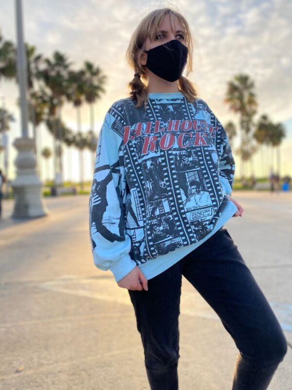 product details: RARE ELVIS JAILHOUSE ROCK ALLOVER PRINT PULLOVER SWEATSHIRT W/ GLITTER TEXT AS-IS photo