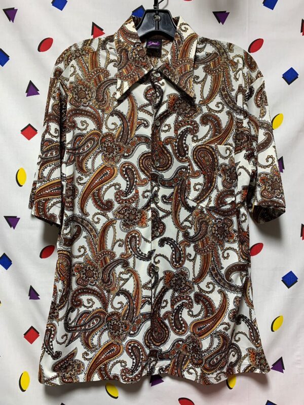 product details: AMAZING 1970S SS POLYESTER BD SHIRT CLASSIC PAISLEY PRINT METAL-RIMMED PEARLESCENT BUTTONS photo