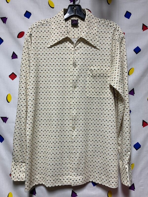 product details: 1970S LS BD POLYESTER COLLARED SHIRT GEOMETRIC ARROW PATTERN AS-IS photo