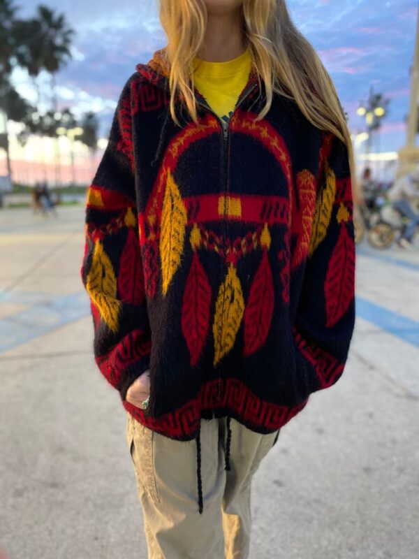 product details: SOFT WOOL FULL ZIP UP DREAMCATCHER DESIGN SWEATER JACKET SOUTHWESTERN WITH POCKETS HOOD AND DRAWSTRING WAIST MADE IN ECUADOR photo