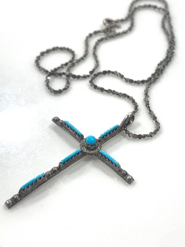 product details: 6 PIECE TURQUOISE ZUNI NEEDLEPOINT INLAY CROSS NECKLACE STERLING SILVER CHAIN & SETTING photo