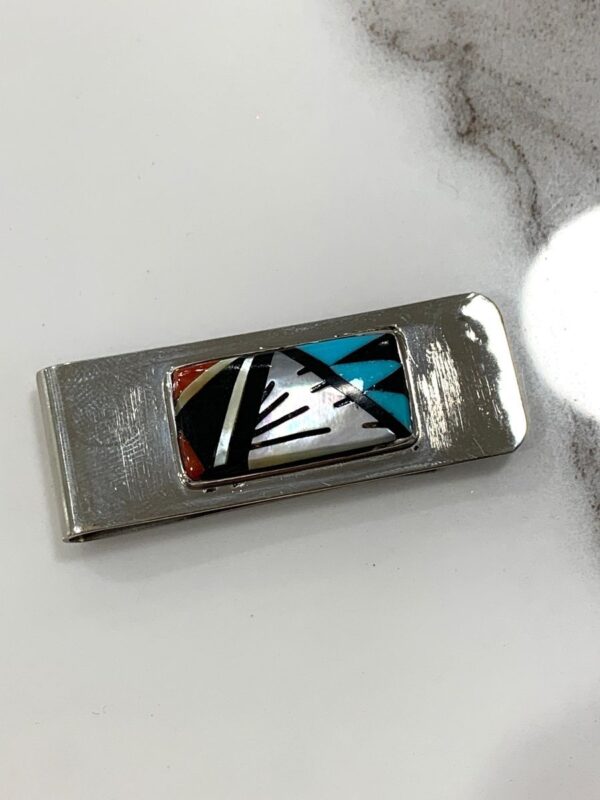 product details: SOUTHWESTERN DESIGN ZUNI INLAY STONE DESIGN STERLING SILVER OVER NICKEL BASE MONEY CLIP photo