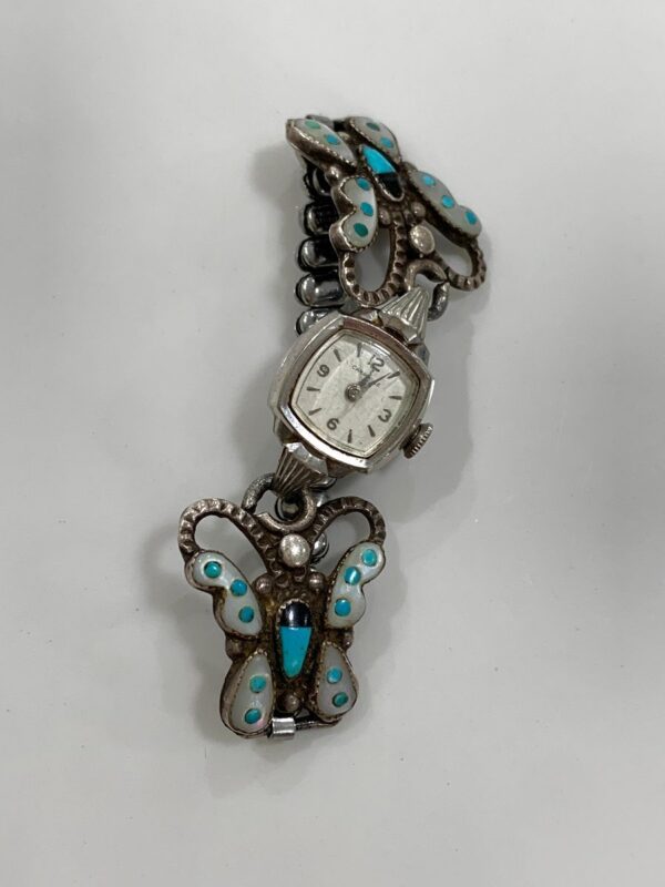 product details: OLD PAWN VINTAGE TURQUOISE AND SHELL INLAY BUTTERFLY WATCH photo