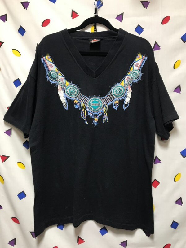product details: NATIVE AMERICAN TURQUOISE DESIGN FEATHER COLLAR V NECK COTTON TSHIRT STEELS BLOOMFIELD NEW JERSEY HARLEY DAVIDSON 10-24 photo