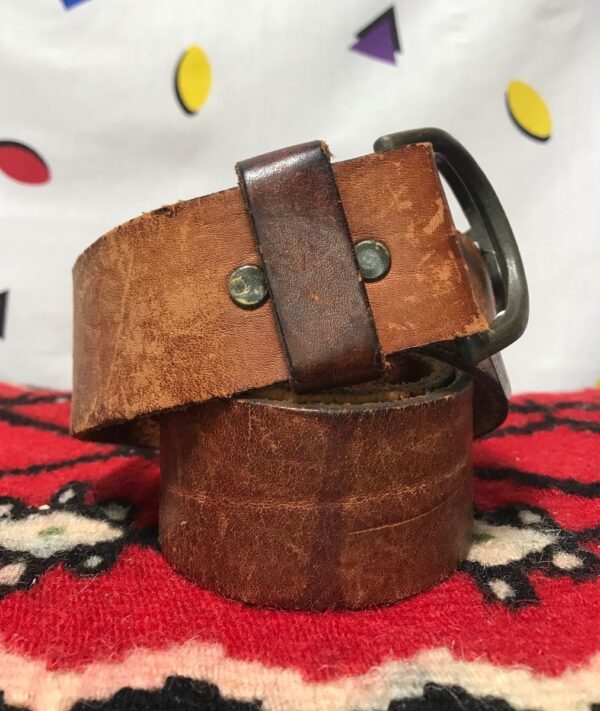 product details: CLASSIC HEAVY VINTAGE BELT DISTRESSED BROWN DOUBLE BUCKLE BRASS photo