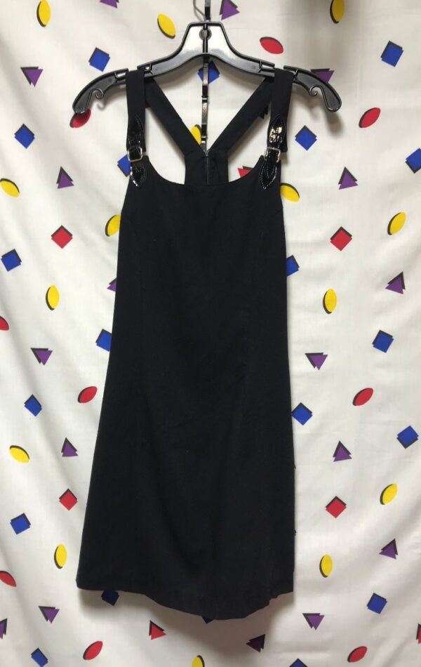 product details: SLEEVELESS SOLID MINI DRESS BODY CON PATENT LEATHER STRAP CLOSURE BACK ZIPPER photo