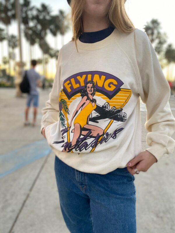 product details: 1987 FLYING FANTASIES TROPICAL PINUP GRAPHIC CREWNECK PULLOVER SWEATSHIRT AS-IS photo