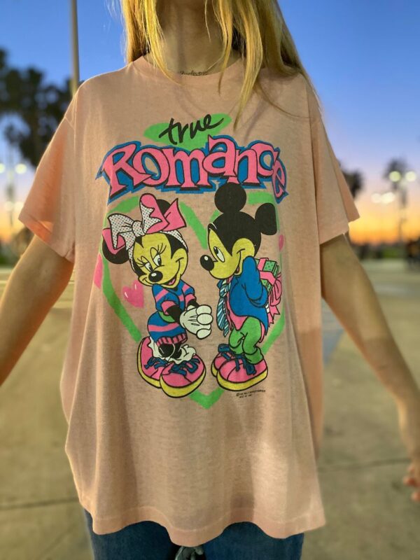 product details: DISNEY MICKEY MINNIE TRUE ROMANCE SWEET SURRENDER SHEER COTTON POLY BLEND T-SHIRT FRONT BACK GRAPHIC MADE IN USA photo