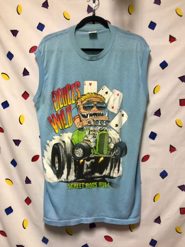 product details: DEUCES WILD STREET RODS RULE HOT ROD RACING GRAPHIC SLEEVELESS MUSCLE TEE TANK TOP COTTON POLY BLEND MADE IN USA  AS-IS photo