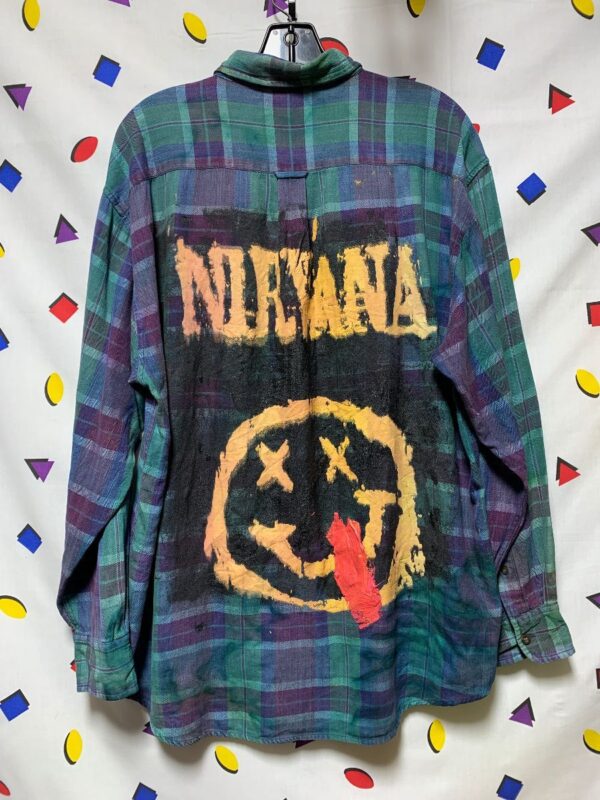product details: RAD HAND PAINTED NIRVANA SMILEY FACE BACK GRAPHIC LS BD FLANNEL *LOCAL ARTIST photo