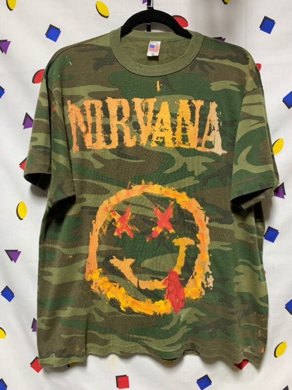 product details: CAMO RINGER TEE  WITH SCREEN PRINTED HAND PAINTED NIRVANA SMILEY FACE T-SHIRT *LOCAL ARTIST photo
