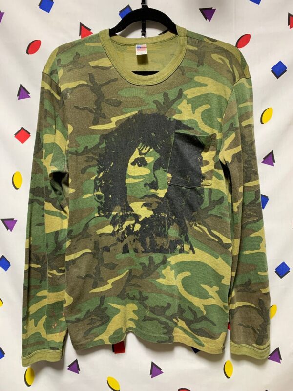 product details: LONG SLEEVE CAMO FRONT POCKET RINGER SHIRT WITH SCREEN PRINTED JIM MORRISON DOORS GRAPHIC *LOCAL ARTIST photo