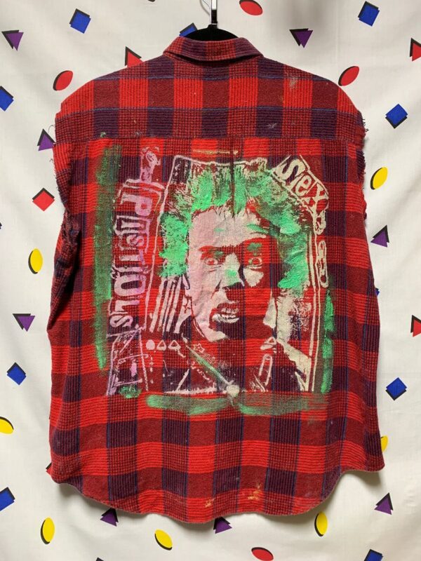 product details: CUT OFF FLANNEL SHIRT WITH SEX PISTOLS BACK GRAPHIC *HAND PAINTED **LOCAL ARTIST photo