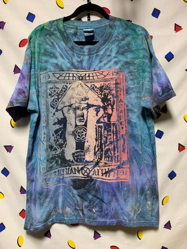 product details: ALEISTER CROWLEY TIE-DYE T-SHIRT WITH PSYCHEDELIC OCCULT *LOCAL ARTIST BACK GRAPHIC photo