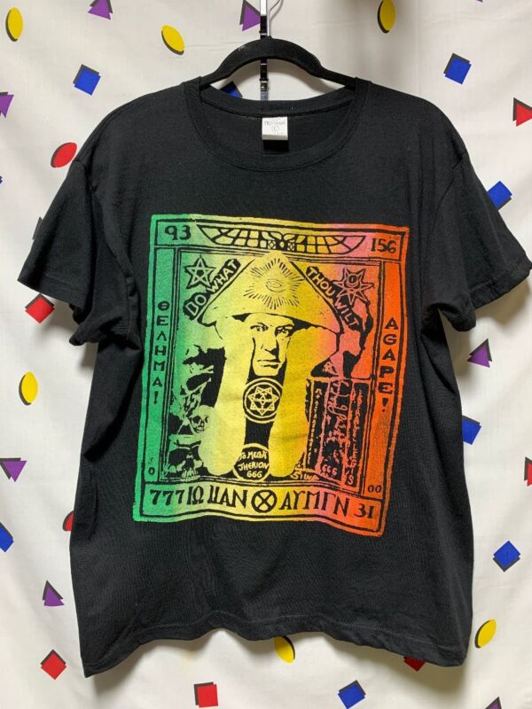 product details: ALEISTER CROWLEY SCREENPRINTED T-SHIRT WITH PSYCHEDELIC OCCULT BACK GRAPHIC DO WHAT THOU WILT *LOCAL ARTIST photo