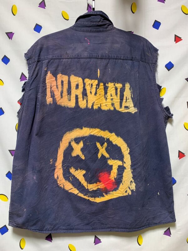 product details: HEAVILY DISTRESSED CUT-OFF SLEEVE BD COLLARED SHIRT HAND-PAINTED  NIRVANA SMILEY FACE BACK GRAPHIC *LOCAL ARTIST photo