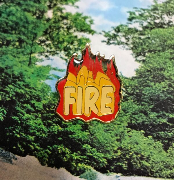 product details: FIRE TEXT FLAMES ENAMEL PIN photo