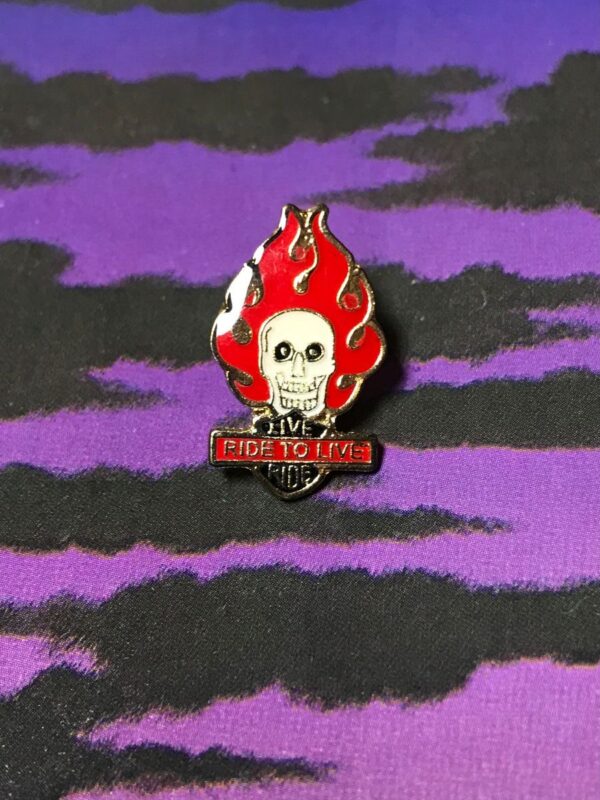 product details: RIDE TO LIVE LIVE TO RIDE FLAMING SKULL  ENAMEL PIN photo