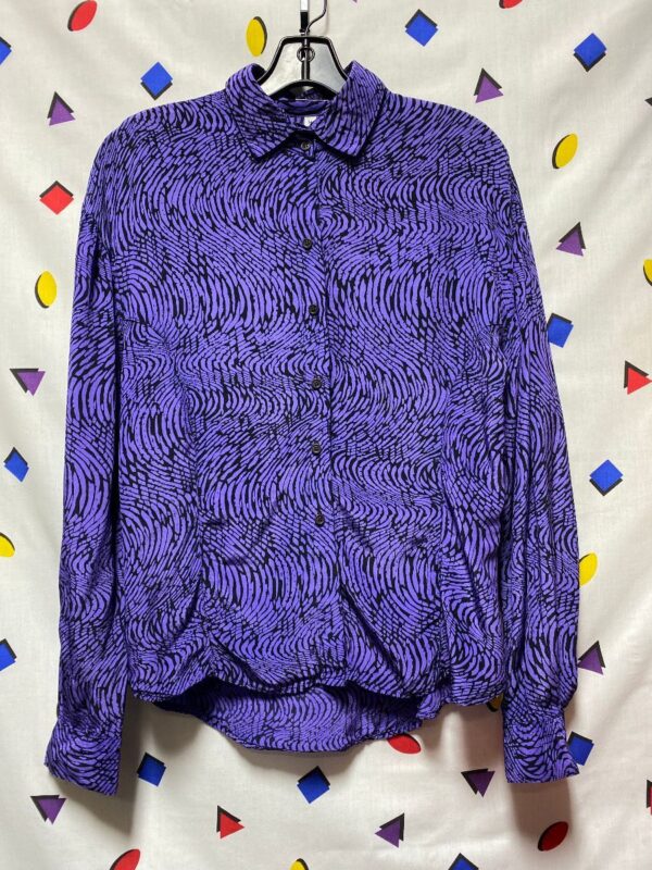 product details: 1990S PSYCHEDELIC WAVE PRINT LS BD RAYON BLOUSE  MADE IN USA AS-IS photo