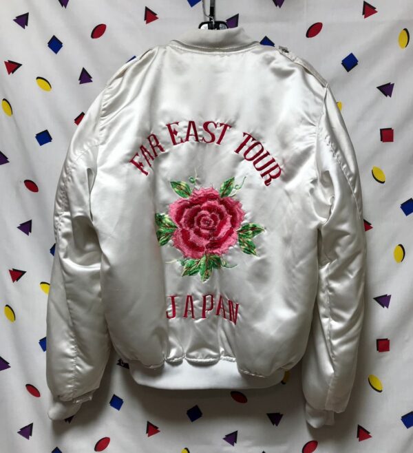 product details: SILKY PUFFY FAR EAST TOUR JAPAN BOMBER JACKET WITH EMBROIDERED FLOWER PATCHS ON THE BACK AND SLEEVES AS - IS photo