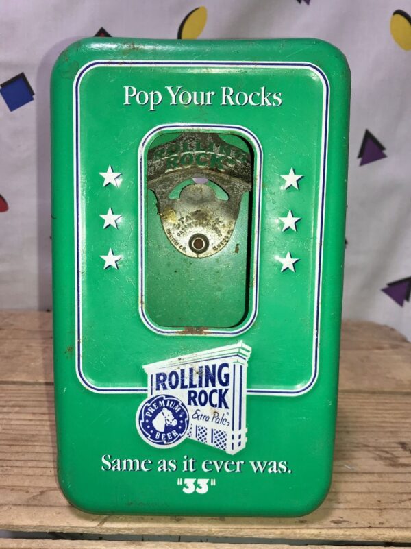product details: ROLLING ROCK BEER POP YOUR ROCKS METAL WALL MOUNTED BOTTLE OPENER AND CAP CATCHER photo