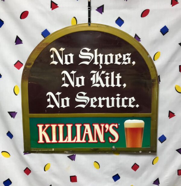 product details: VINTAGE KILLIANS IRISH RED 90S 1996 METAL TIN BEER SIGN NO SHOES NO KILT NO SERVICE photo