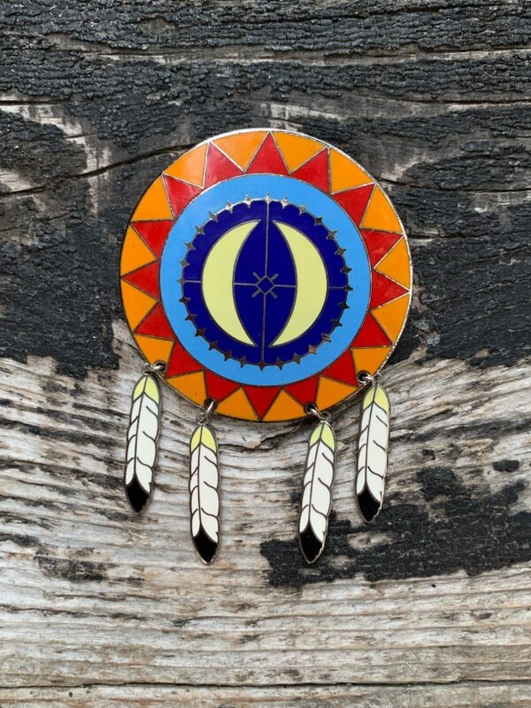 product details: VINTAGE NATIVE AMERICAN INSPIRED CRESCENT MOON AND SUN DREAMCATCHER ENAMEL BROOCH photo