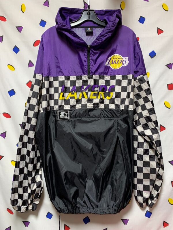 product details: CHECKERED LAKERS WINDBREAKER JACKET PARTIAL ZIP CINCH WAIST AS-IS photo