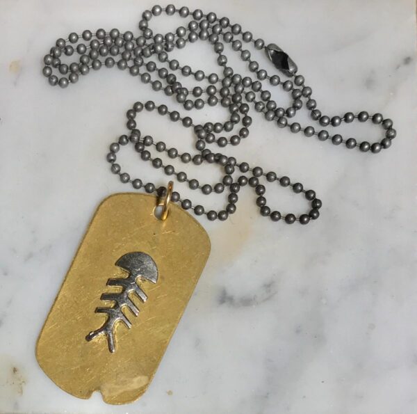product details: FISH SKELETON GOLD DOG TAG NECKLACE WITH SILVER BALL CHAIN photo