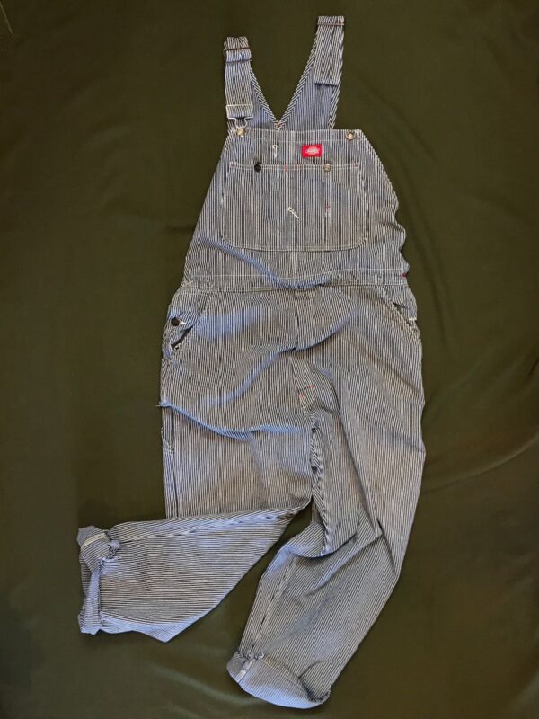 product details: PINSTRIPE OVERALLS RED CONTRAST STITCHING SNAP POCKETS- AS IS photo