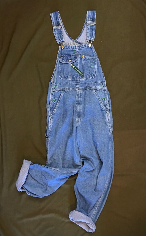 product details: DENIM OVERALLS LIGHT WASH GREEN & CONTRAST STITCHING SMALL FIT photo