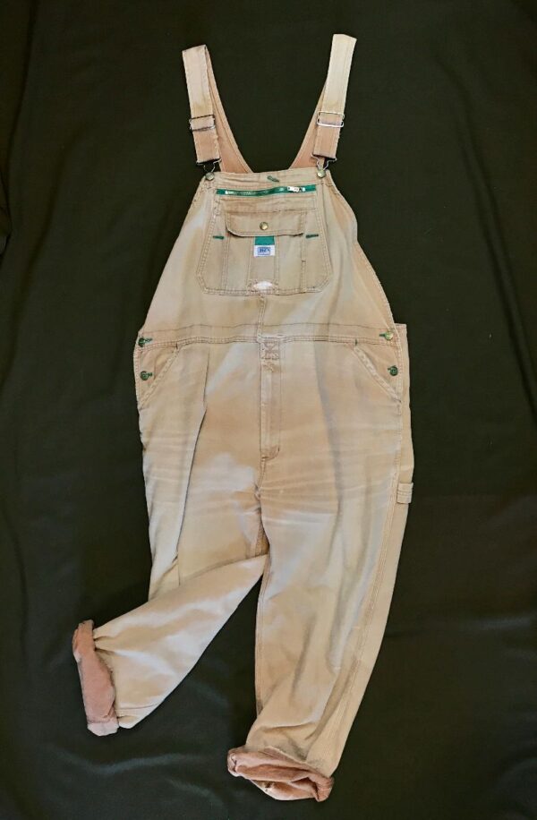 product details: OVERALLS SOLID GREEN DETAILING DISTRESSED - AS IS photo