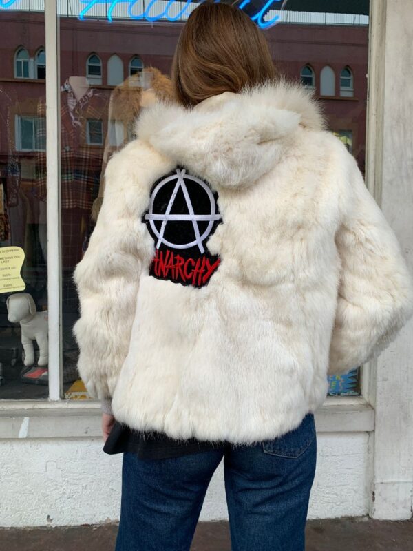 product details: RETRO 1970S HOODED FUR BOMBER JACKET SATIN LINING RIBBED CUFFS & ANARCHY BACK PATCH AS-IS photo