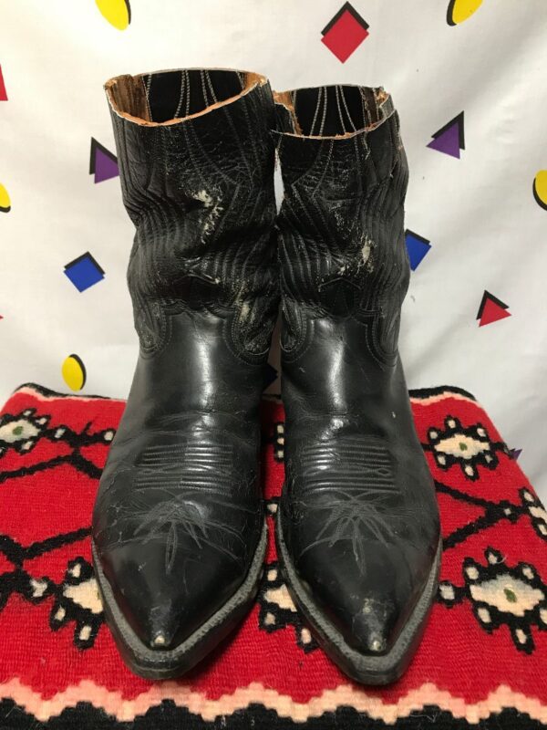 product details: DISTRESSED BLACK LEATHER COWBOY BOOTS AS-IS HAVE BEEN CUT SEE PHOTOS photo