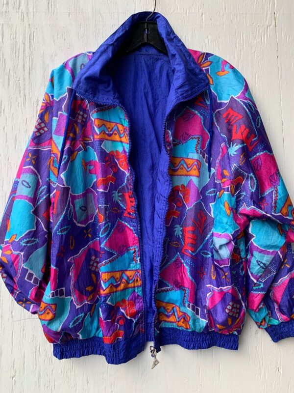 product details: BRIGHT FUNKY ABSTRACT PRINT REVERSIBLE ZIP-UP THIN NYLON BOMBER JACKET photo