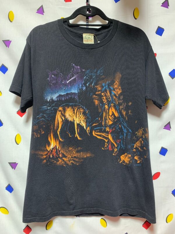 product details: T-SHIRT NATIVE WOLF CAMPFIRE DOUBLE SIDED GRAPHIC *SINGLE STITCH photo