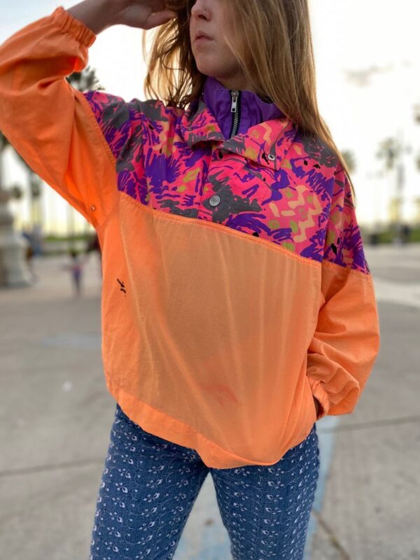 product details: 1980S OP TWO-PANEL NEON ABSTRACT DESIGN PULLOVER QUARTER ZIP WINDBREAKER BUTTON AND ZIP-CLOSURE AS-IS photo
