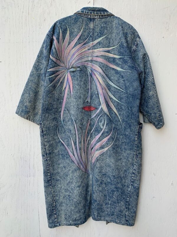 product details: 1980S ACID WASH LONG DENIM TRENCH HAND PAINTED FACES PADDED SHOULDERS photo