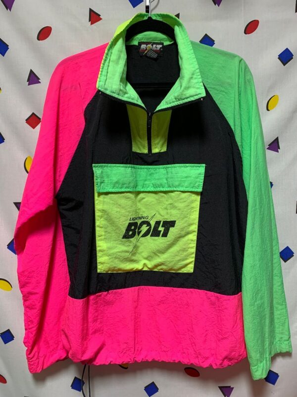 product details: AS-IS DAYGLOW NEON COLORBLOCK LIGHTNING BOLT PULLOVER WINDBREAKER photo