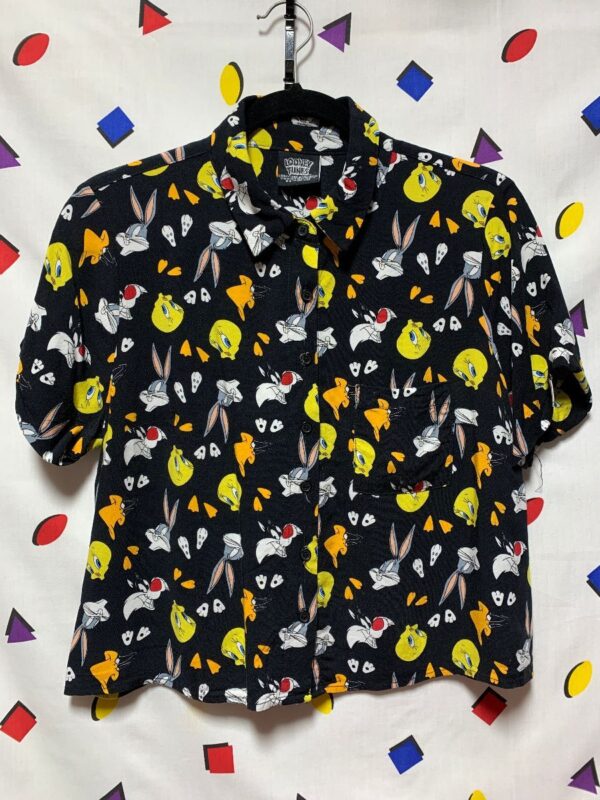product details: CUTE! CROPPED ALLOVER PRINT LOONEY TUNES BLOUSE TOP SMALL FIT photo